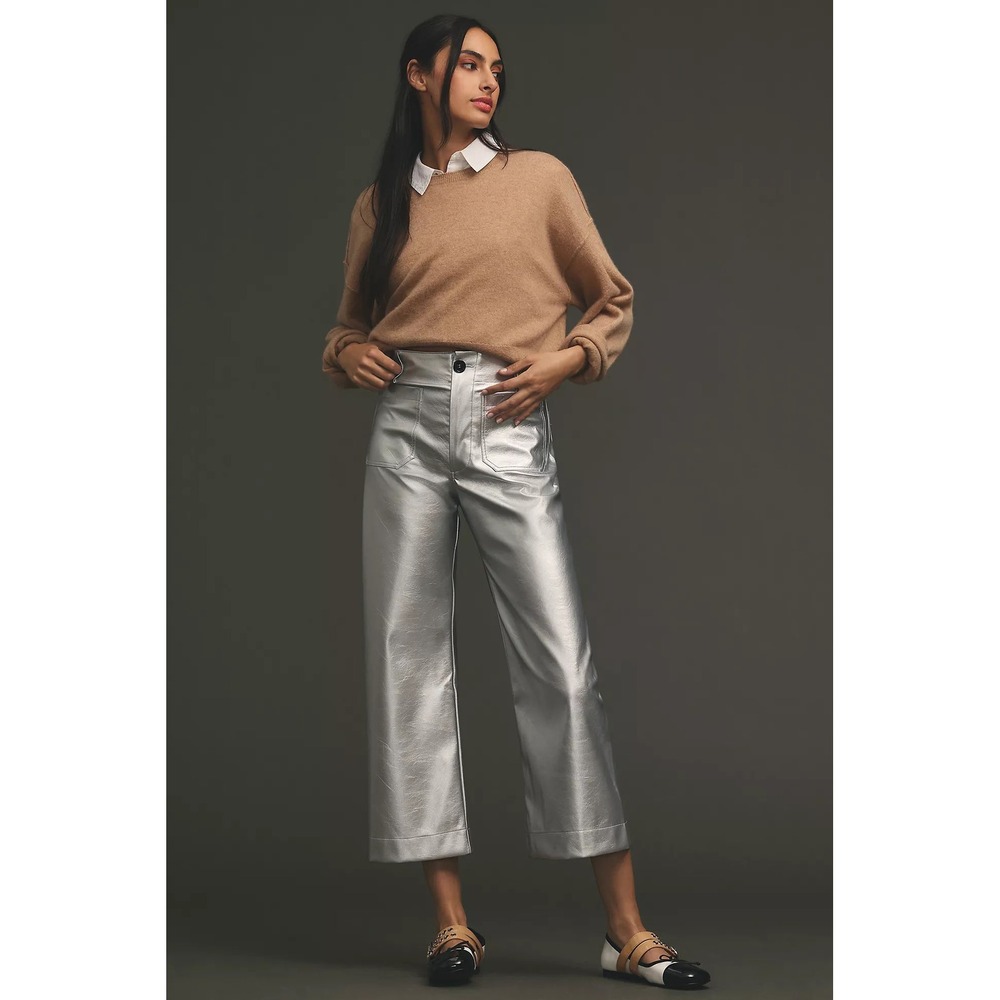 Anthropologie Maeve The Colette Cropped Wide-Leg Faux Leather Pants Silver 26